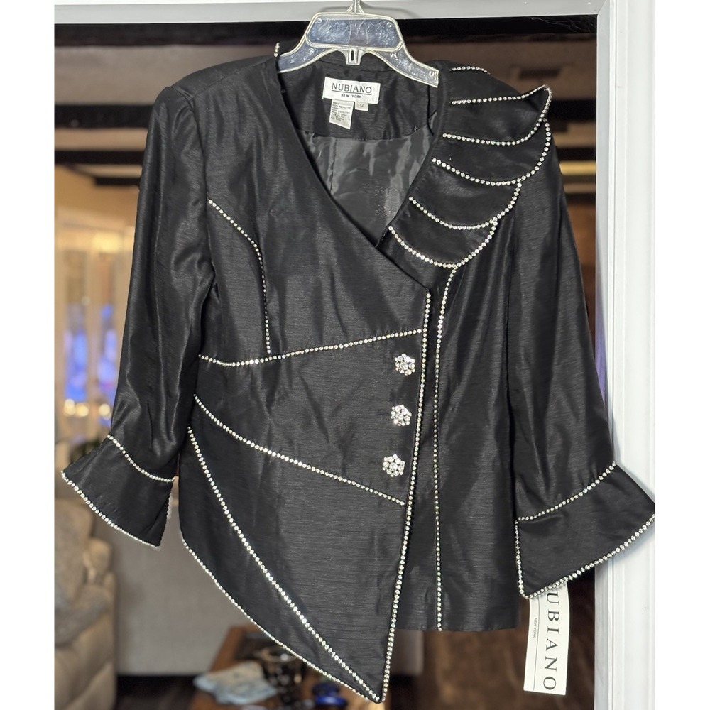 Nubiano NWT Black Rhinestone Dress Jacket Size 12 Asymmetrical Formal Top